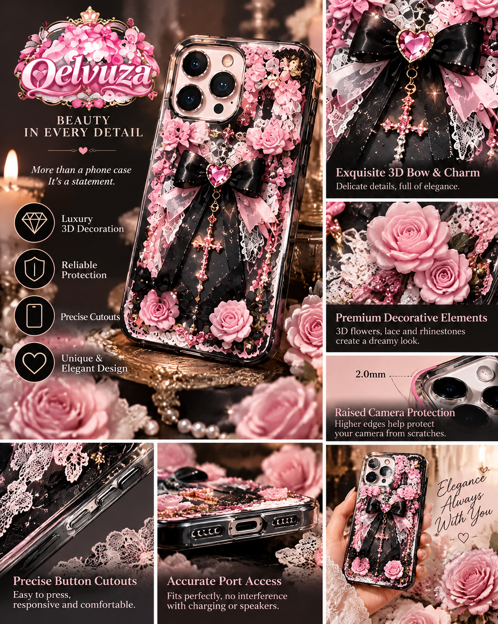 Black Rose Gothic Bow iPhone Case