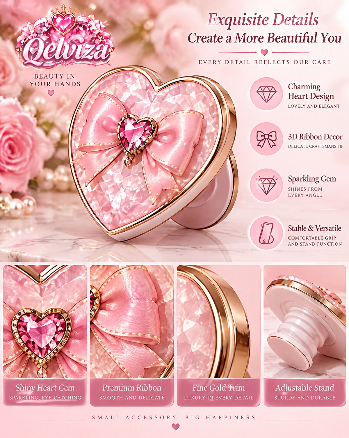 Pink Heart Mirror Phone Stand