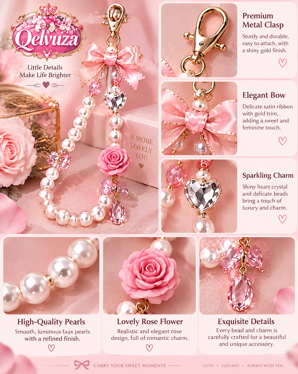 Pink Rose Pearl Phone Charm