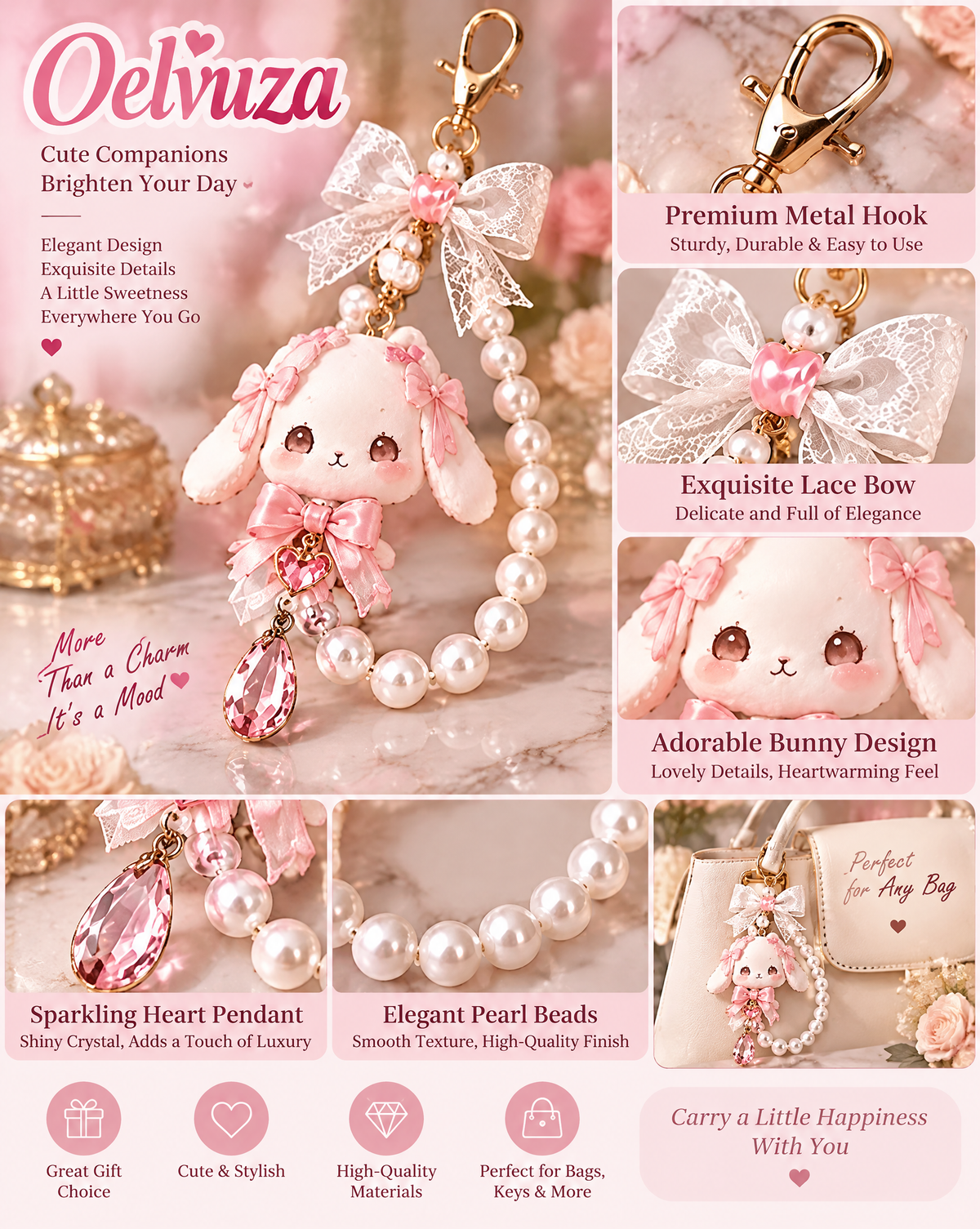 Bunny Lace Pearl Phone Charm