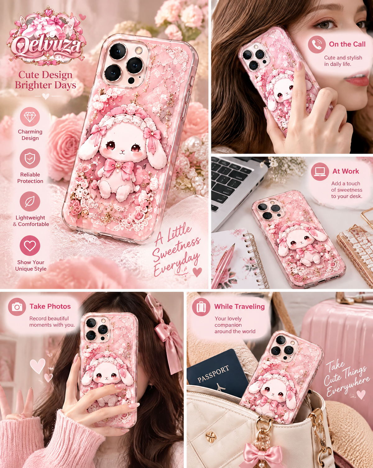 Pink Bunny Heart Crystal iPhone Case