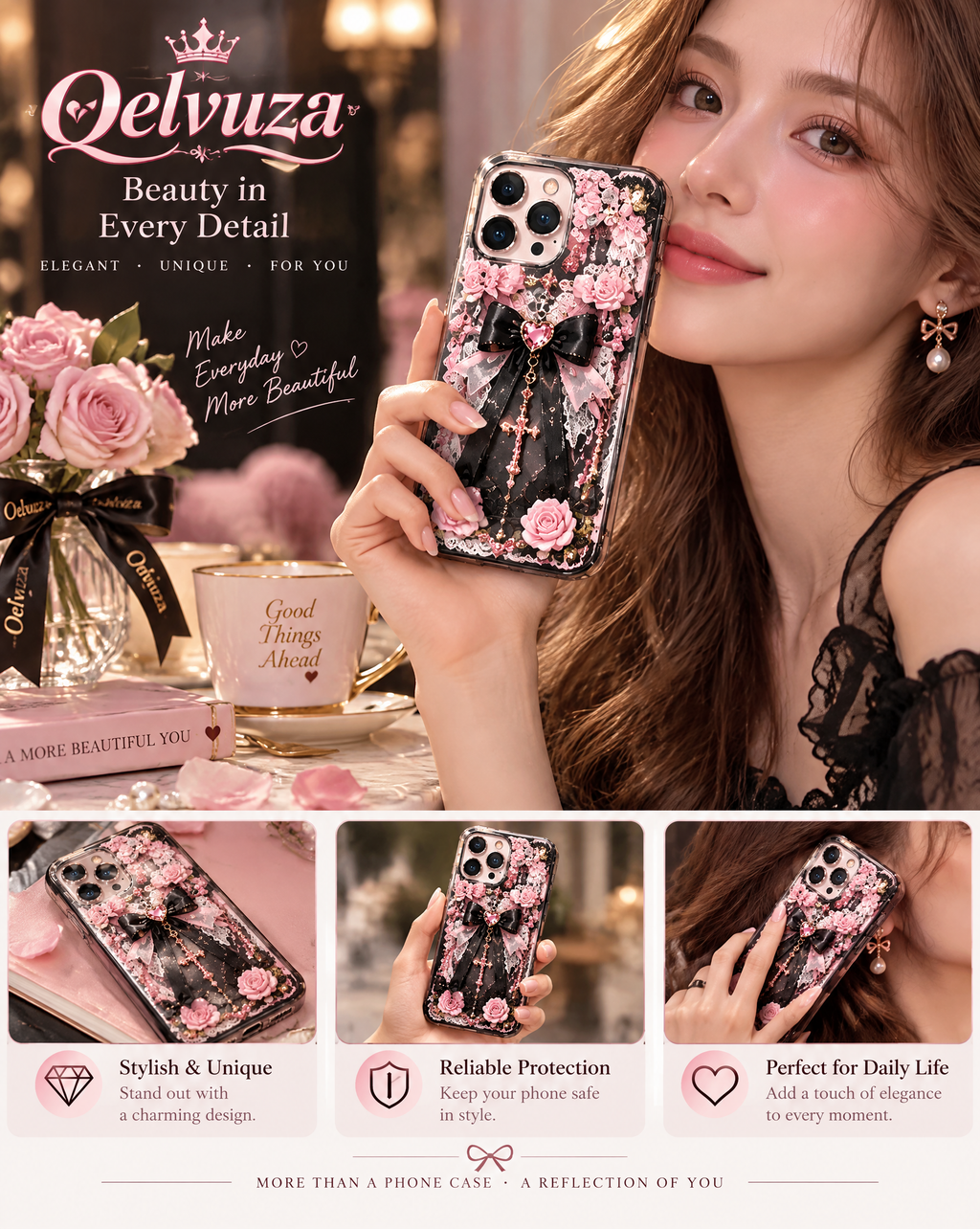 Black Rose Gothic Bow iPhone Case