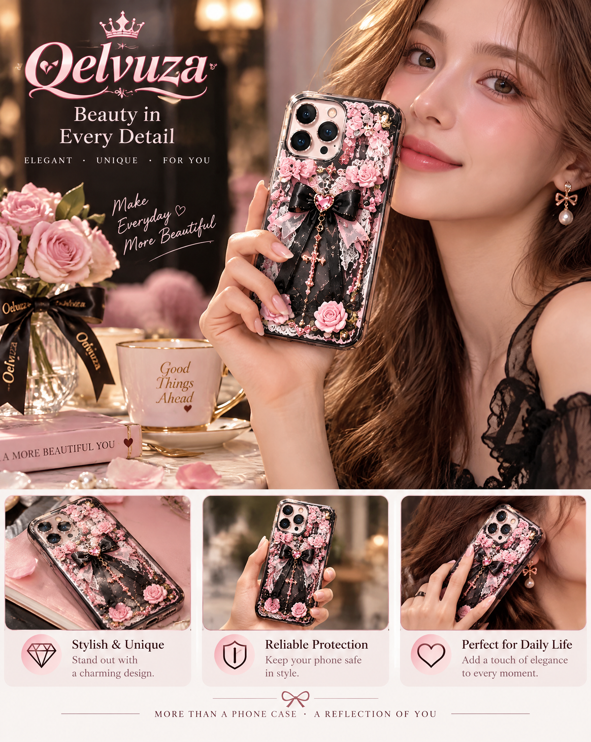 Black Rose Gothic Bow iPhone Case