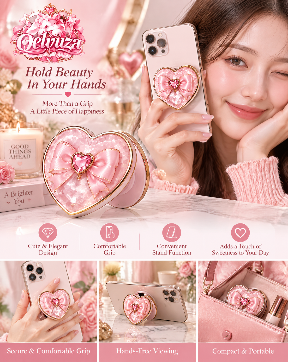 Pink Heart Mirror Phone Stand